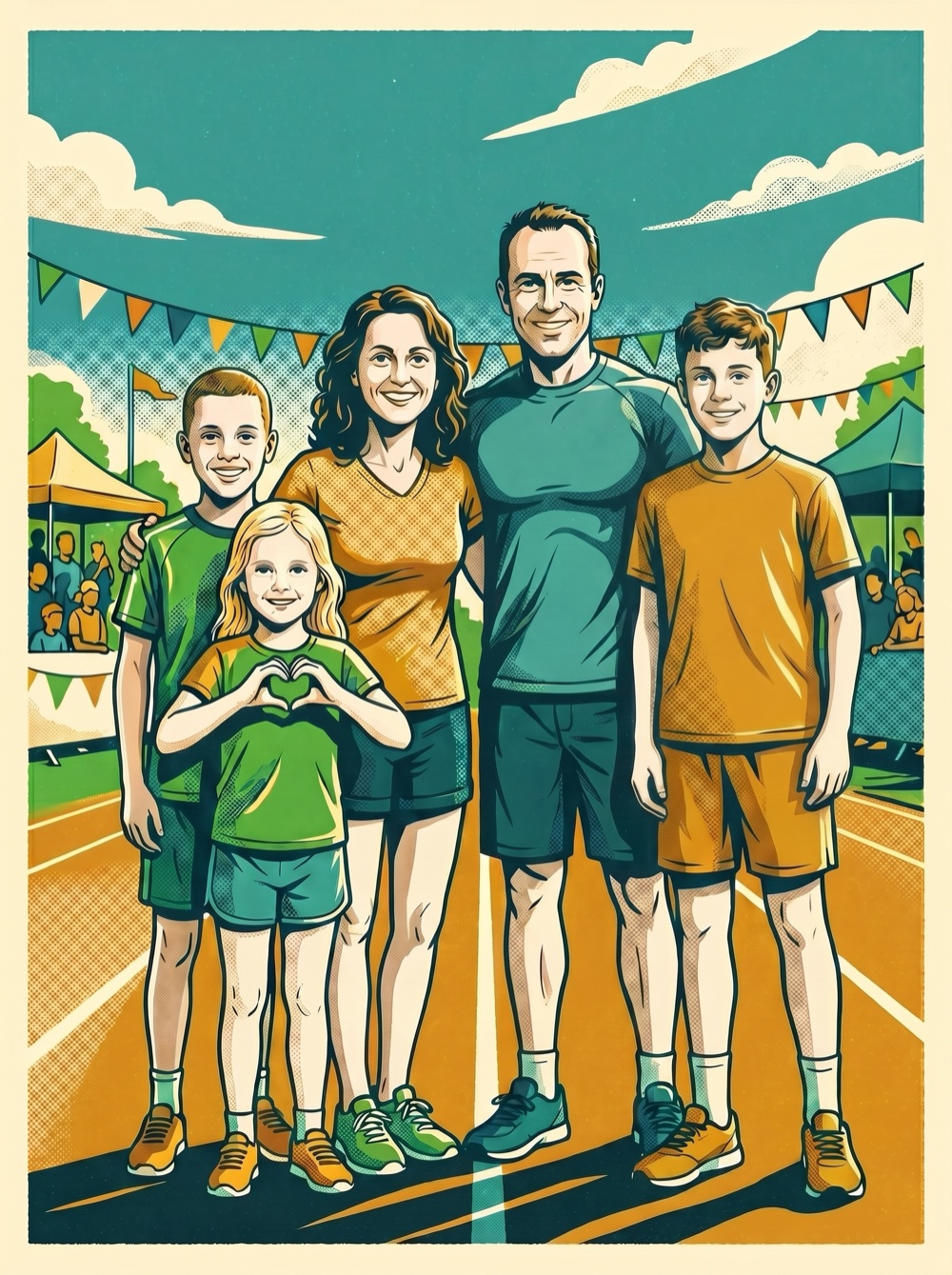 Iwan en zijn gezin in sportkleding, in posterstijl