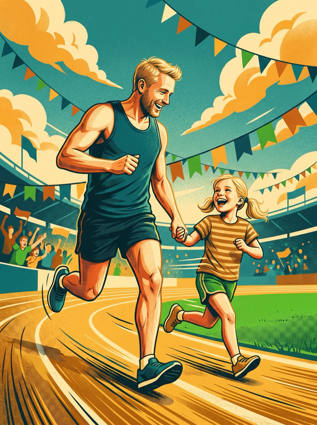 Een ouder en kind rennen lachend over de atletiekbaan tijdens het FoxFit Family Festival