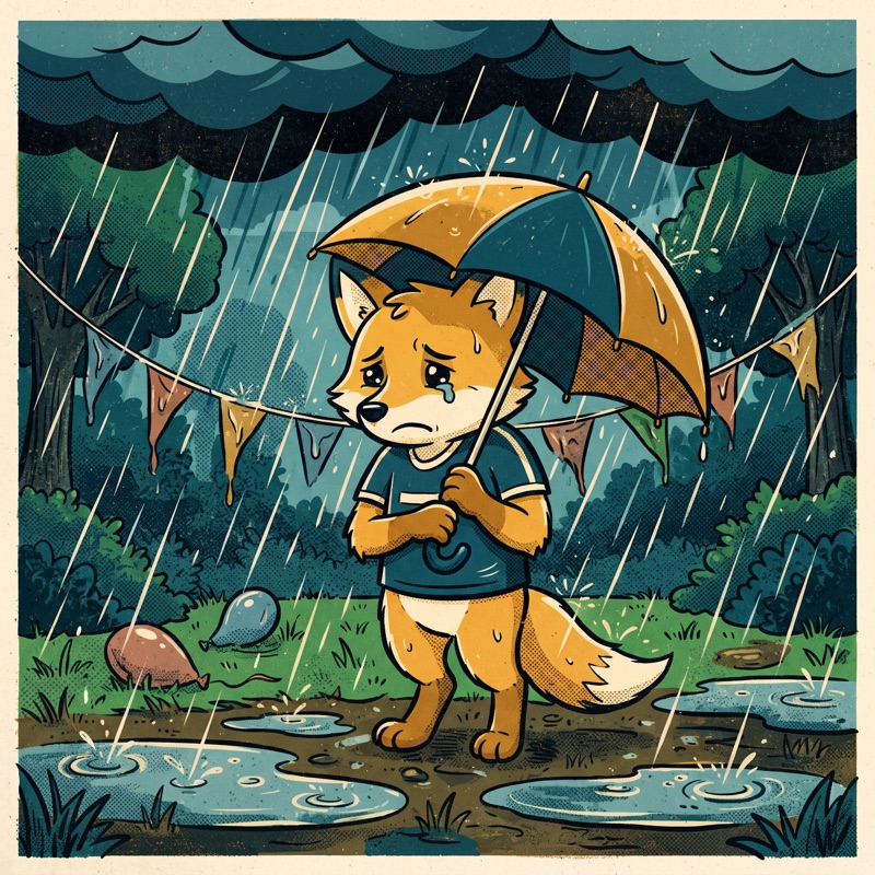 Een verdrietig vosje met een paraplu in de stromende regen